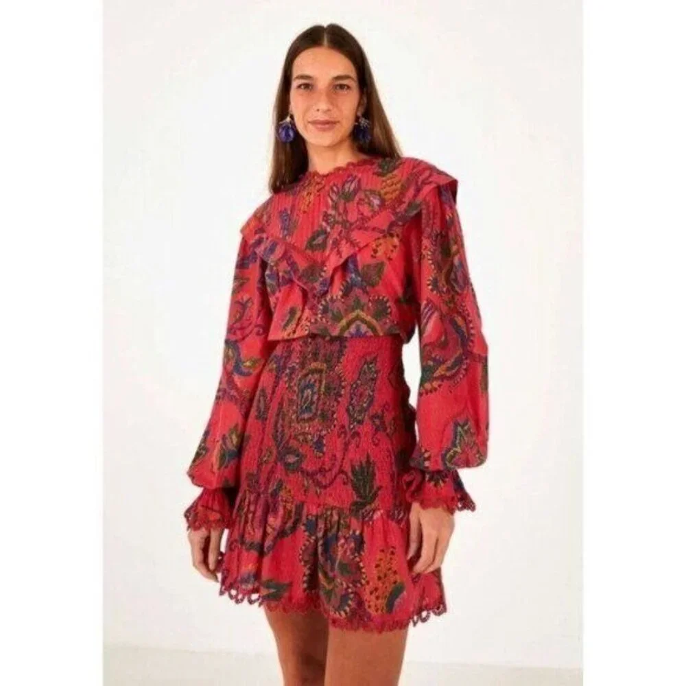 FARM Rio Mini Dress M Tapestry Tropical Smocked Ruffle…Blush Pink Sunset - Picture 15 of 16